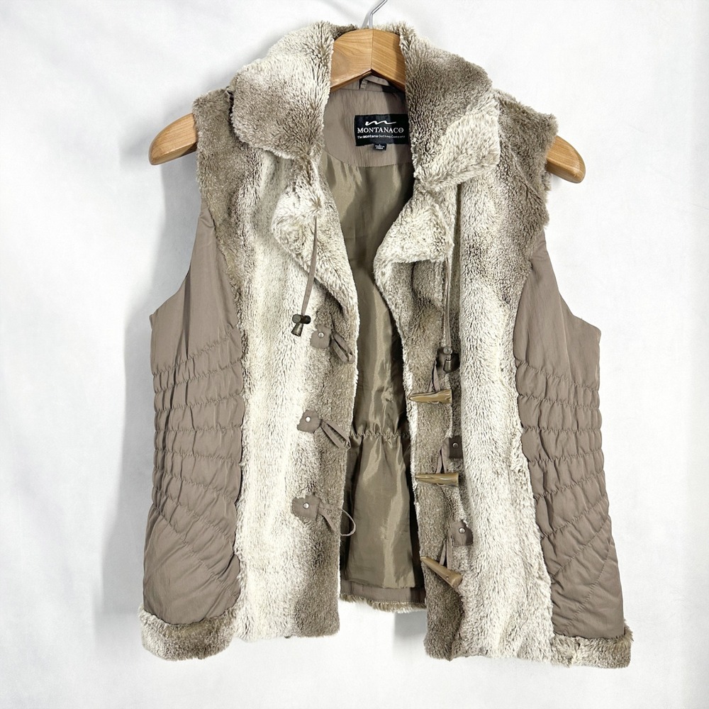 Montana Co Faux Fur Quilted Toggle Vest Taupe Cream Zip Front women's size large
